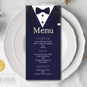 Tuxedo Tie Menu Dinner Dark Blue Silver Template Package INSTANT DOWNLOAD Secret Agent Birthday Set Matching Personalize Editable WCBA033