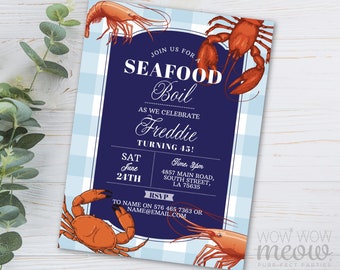 Seafood Boil Birthday Shrimp Lobster Crab Invitations Party Invite Mens Womens INSTANT DOWNLOAD Gingham Red Blue Lobster Printable WCBA321