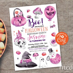 Kid&#39;s Halloween Pink Invitations Birthday Costume Photo Children&#39;s Party Invite Printable DOWNLOAD Bats Pumpkin Personalized WCHA111