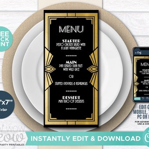 May include: A black and gold printable menu template with a modern art deco design. The menu is 3.3 inches by 7 inches and features the text "MENU", "STARTER", "MAIN", and "DESSERT".