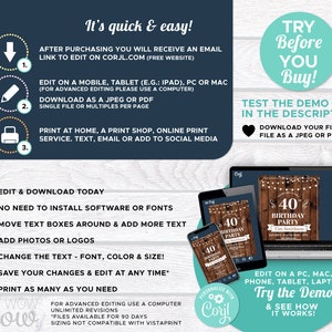 May include: A digital invitation template for a 40th birthday party. The template features a rustic wood background with string lights, a blue banner with the text "40th Birthday Party", and a personalized name. The template can be edited online and printed at home or at a print shop.