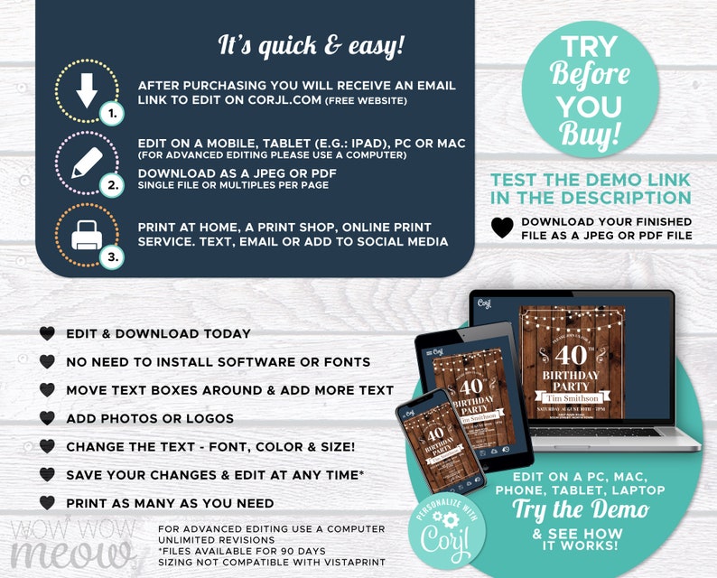May include: A digital invitation template for a 40th birthday party. The template features a rustic wood background with string lights, a blue banner with the text "40th Birthday Party", and a personalized name. The template can be edited online and printed at home or at a print shop.