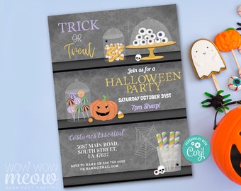 May include: Halloween party invitation with a gray background and decorative elements. The invitation features the text "Trick or Treat" and "Halloween Party." It includes a pumpkin graphic and candy illustrations. The invitation also includes the text "Costumes Essential."