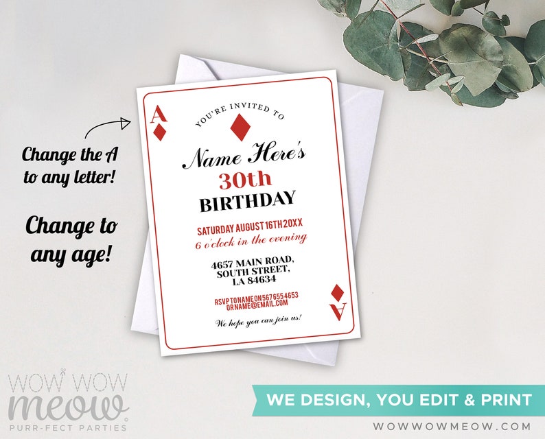 Playing Cards Birthday Invitation Any Age INSTANT DOWNLOAD Casino Vegas Party Personalize Diamonds Edit Printable Digital WCBA002 image 3