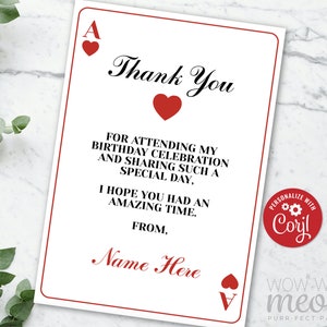 Ass Spielkarten Danke Karten SOFORTIGER DOWNLOAD Kasino Ace Herzen Geburtstag Verlobung Elegant Gunst Personalisieren Printable WCBA002