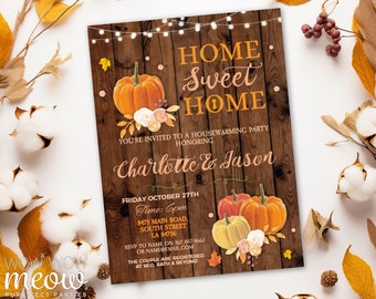 Pumpkin Fall Housewarming Invite New House Invitation Home Sweet Home Couples Party Digital DOWNLOAD Wood Leaf Printable Editable WCHO001