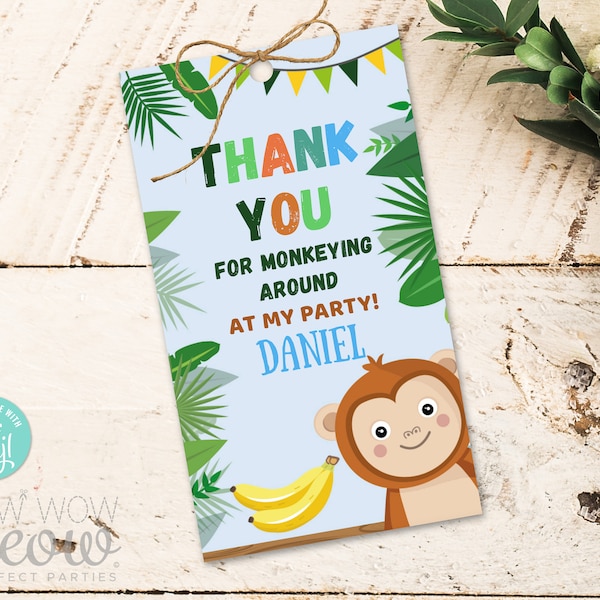 Monkey Birthday Thank You Tags Blue Birthday - Party Gift - Party Go Bananas Jungle Wild Favour Label Download Editable Printable WCBK398