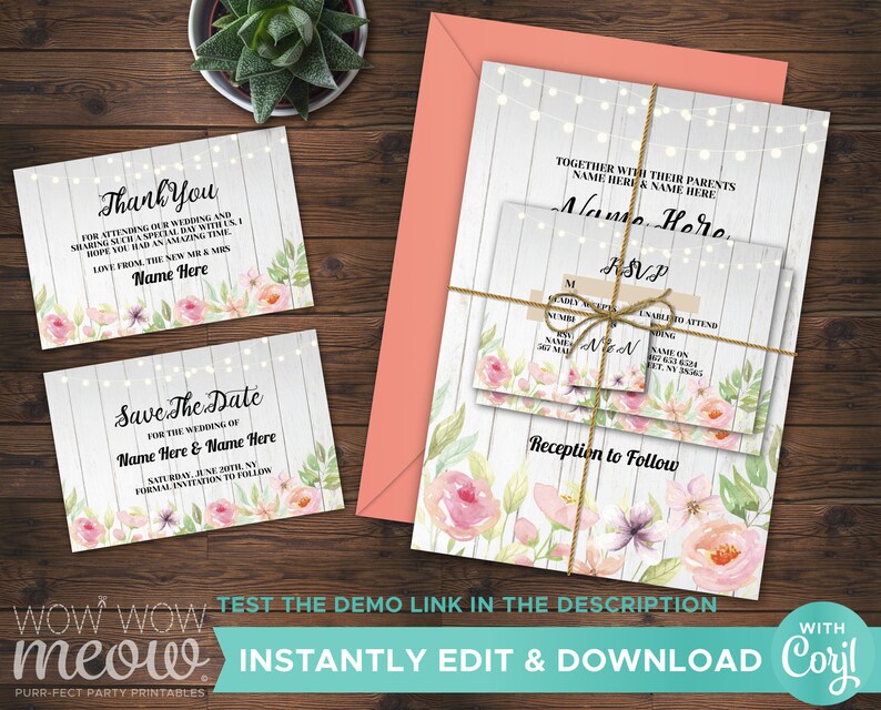 Wedding Invitations Set Template Wood Package Printable Invites Save The Date INSTANT DOWNLOAD Tags Pink Floral Personalize Editable WCWP079