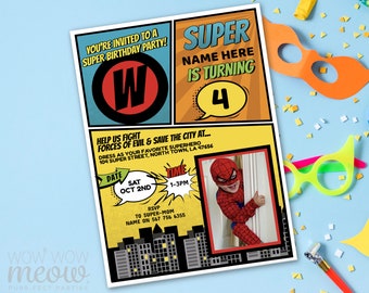 Editable Superhero Invitations Photo Super Hero Digital DOWNLOAD Invite Personalize Birthday Party Girls Boys Comic Book Printable WCBK076
