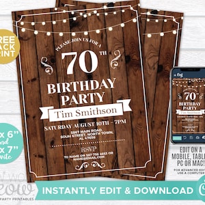 70th Surprise Invitations Birthday Invite Rustic Wood Lights Party INSTANT DOWNLOAD Womens Mens Personalize Digital Edit & Printable WCBA043