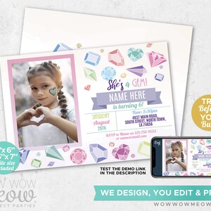 May include: A personalized birthday party invitation with a photo of a young girl making a heart shape with her hands. The invitation features the text "She's a GEM!" and includes details for the party, with a gem theme.