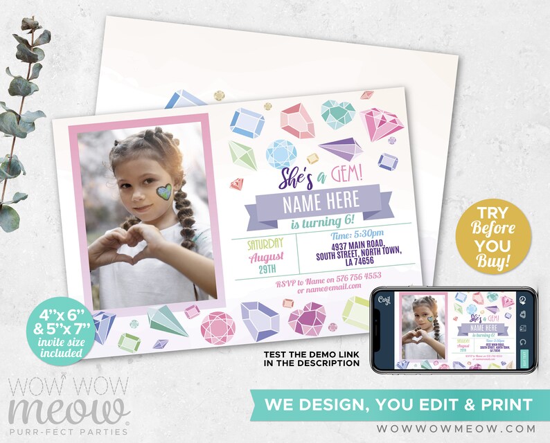 May include: A personalized birthday party invitation with a photo of a young girl making a heart shape with her hands. The invitation features the text "She's a GEM!" and includes details for the party, with a gem theme.