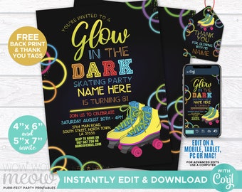 Glow in the Dark Skating Invitations Roller Skate Party Invite Birthday DOWNLOAD Neon Girls Boys Personalize Editable Printable WCBK092