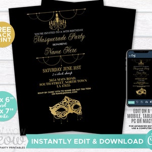 MASQUERADE Party Mask Invitation Black & Gold Elegant Birthday Invite INSTANT DOWNLOAD Ball Fancy Sweet 16 21st Editable Printable WCBA092