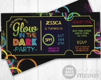 Glow in the Dark Invitations tickets Admit One Party Invite Birthday INSTANT DOWNLOAD Neon Paint Girls Boys Customize Personalize Edit Print