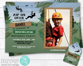 May include: A green and brown birthday party invitation with a photo of a boy ziplining. The invitation says "Zip On Over to Celebrate Daniel is Turning 10! Join us for a Zip Line Birthday Party!" with the date, time, and location. The invitation also includes a thank you tag that says "Thank You for joining me for my zip line birthday!"