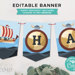 Viking Party Birthday Banner Vikings Boat Editable Download Boys Girls Bunting Flags Birthday Decoration Printable WCBK465