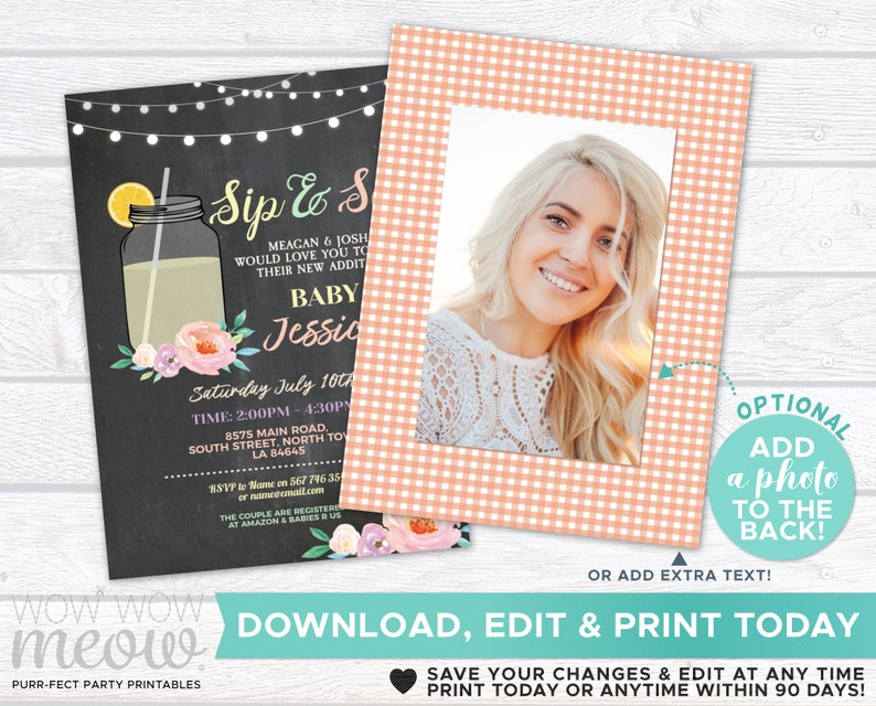 May include: A printable baby shower invitation with a chalkboard background and a mason jar filled with lemonade. The invitation says "Sip & See" and includes the baby's name, Jessica. The invitation also includes the date, time, and location of the shower. There is an optional photo frame with a pink and white gingham pattern.