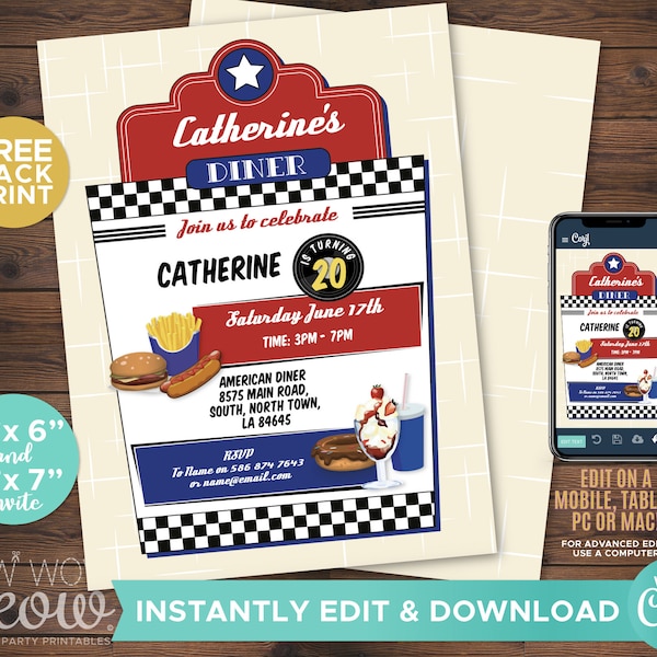 American Diner Invitations Burger Birthday Invites INSTANT DOWNLOAD Hotdog Dinner 1950's Fifties Red Editable Printable Template WCBA078