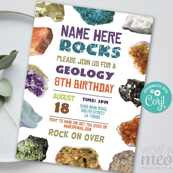 Geology Invitations Rocks Birthday Invites Girls Boys Party INSTANT DOWNLOAD Gems Crystals Geode Age Personalize Customize Printable WCBK110