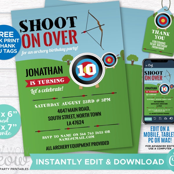 Archery Party Birthday Invite Invitation Outdoor Shooting Arrows INSTANT DOWNLOAD Target Practice Sports Personalize Edit Printable WCBK067