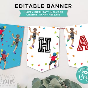 May include: Editable banner with a blue background and a rock climbing theme. The banner says "HA" in black letters and includes a personalized message with "Cory".