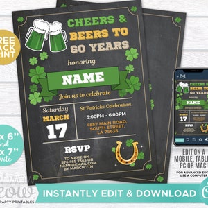 St. Patricks Cheers Beers Invitation to 60 Years Shamrock 50th 40th Any Age Birthday Invite Party INSTANT DOWNLOAD Mens Edit Print WCSTP001