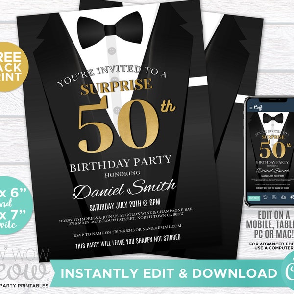 50th Birthday Invite Invitation FIFTY Black Tie Elegant Secret Agent Spy Party INSTANT DOWNLOAD Editable Bond Tuxedo Personalize WCBA034