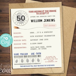 Any Age Mission Impossible Birthday Invitation INSTANT DOWNLOAD Secret Agent Spy Police Party Invite Editable Personalize Printable WCBA236