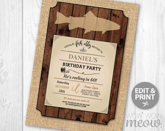 Fishing Birthday Invite Surprise Fish Party Rustic Invitation INSTANT DOWNLOAD 30th 50th 70th Wood Men Rod Personalize Editable Printable