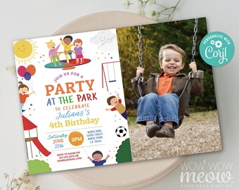 Party Park Birthday Invitations Playground Photo Outside Kids ANY Age INSTANT DOWNLOAD Swings Slide Playground Party Invites Edit WCBK425