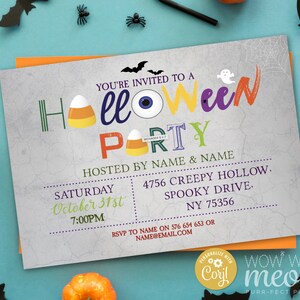 Halloween Party Invitations Birthday Printable INSTANT DOWNLOAD Spooky Invite Costume Witch Candy Fancy Dress Personalized Editable WCHA003