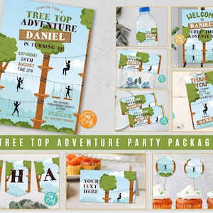 Puede incluir: Un paquete de fiesta Tree Top Adventure con invitaciones, pancartas, adornos para cupcakes y etiquetas para botellas de agua. La invitación presenta un diseño temático de árbol con el texto "¡Daniel cumple 10 años!" y detalles de la fiesta.