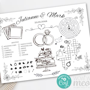 Wedding Placemat Coloring Children&#39;s Activity Sheets Printable Personalize Kid&#39;s Pages Maze Print at Home Color in Editable Text WCAC033