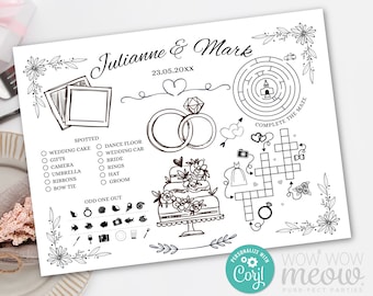 Wedding Placemat Coloring Children's Activity Sheets Printable Personalize Kid's Pages Maze Print at Home Color in Editable Text WCAC033