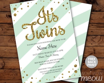It's TWINS Baby Shower Invitation INSTANT DOWNLOAD Gold Glitter Boy Girl Personalize Digital Party Invites Editable & Printable Edit @Home