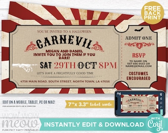 May include: Halloween party ticket invitation with a vintage carnival theme. The ticket is 7" x 3.3" and features red and white stripes, the text "Garnevil", and event details. Includes a phone mockup showing the ticket design.