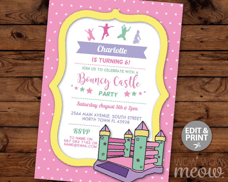 Bouncy Castle Party Invitation Pink Girl's Jump Bounce Etsy