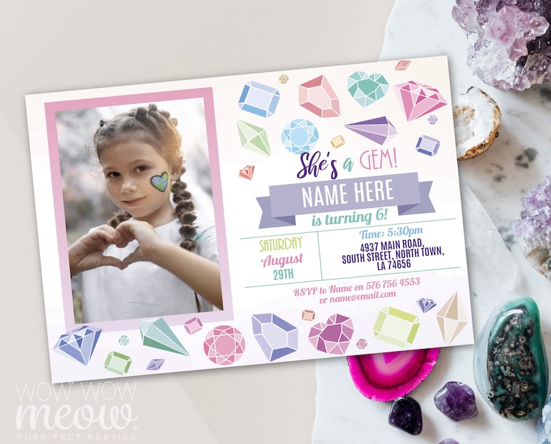 May include: A party invitation with a photo of a young girl making a heart shape with her hands. The invitation features the text "She's a GEM!" and "Name Here is turning 6!" with colorful gem illustrations and event details.
