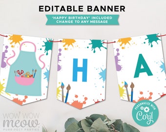 Art Banner Paint Crafts Party Birthday Editable Download Boys Girls Bunting Flags Birthday Decoration Printable WCBK419