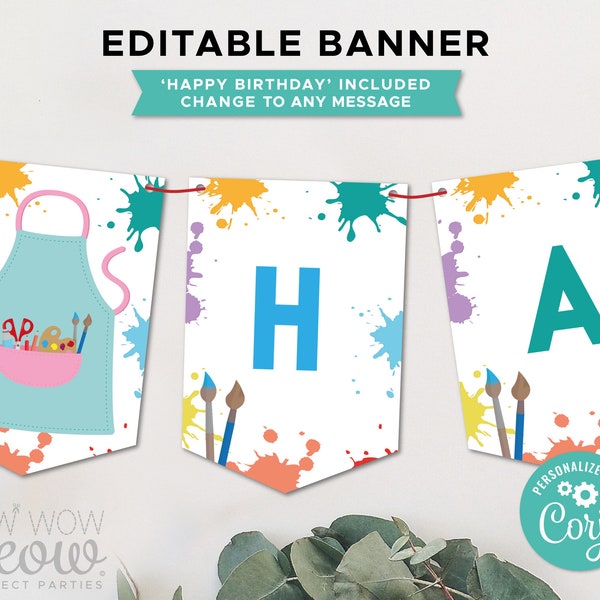 Art Banner Paint Crafts Party Birthday Editable Download Boys Girls Bunting Flags Birthday Decoration Printable WCBK419