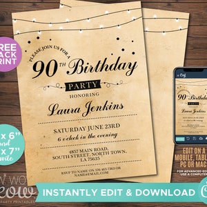 90th Birthday Invitation Elegant Ninety Invitations Party Womens Mens Instant Download Editable Printable Vintage Personalize Lights WCBA137 image 1