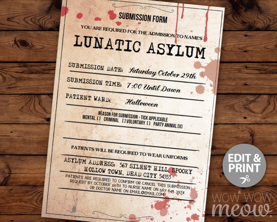 lunatic asylum halloween invitation party mental hospital etsy