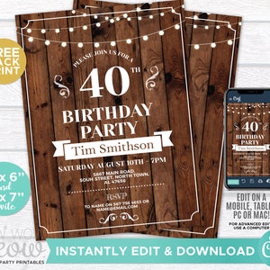 May include: A rustic wood-themed 40th birthday party invitation with white text and string lights. The invitation includes the text "Please join us for a 40th Birthday Party" and the name "Tim Smithson".
