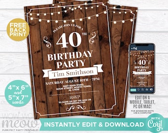 Surprise 40th Invitation Birthday Invite Rustic Wood String Lights INSTANT DOWNLOADS Digital FORTY 40 Womens Mens Printable Editable WCBA043