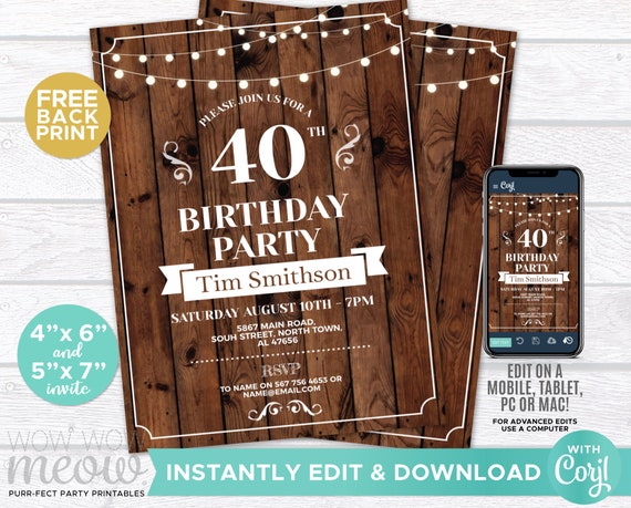 Surprise 40th Invitation Birthday Invite Rustic Wood String Lights INSTANT DOWNLOADS Digital FORTY 40 Womens Mens Printable Editable WCBA043