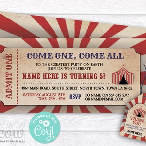 Circus Carnival Vintage Ticket Invite Invitation Red Party INSTANT DOWNLOAD Boys Girls Editable Personalize Printable The Greatest WCBK323