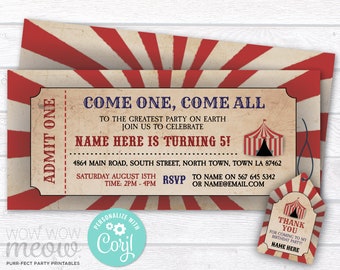 Circus Carnival Vintage Ticket Invite Invitation Red Party INSTANT DOWNLOAD Boys Girls Editable Personalize Printable The Greatest WCBK323