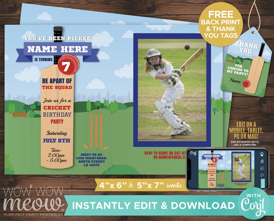 Cricket Bat Invitation Sports Party Birthday Invite Photo Boys INSTANT