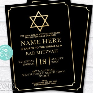 Bar Mitzvah Invitation Black Gold INSTANT DOWNLOAD Jewish Announcement Invite Boy Hebrew Star David - Customize Editable Printable WCBM001